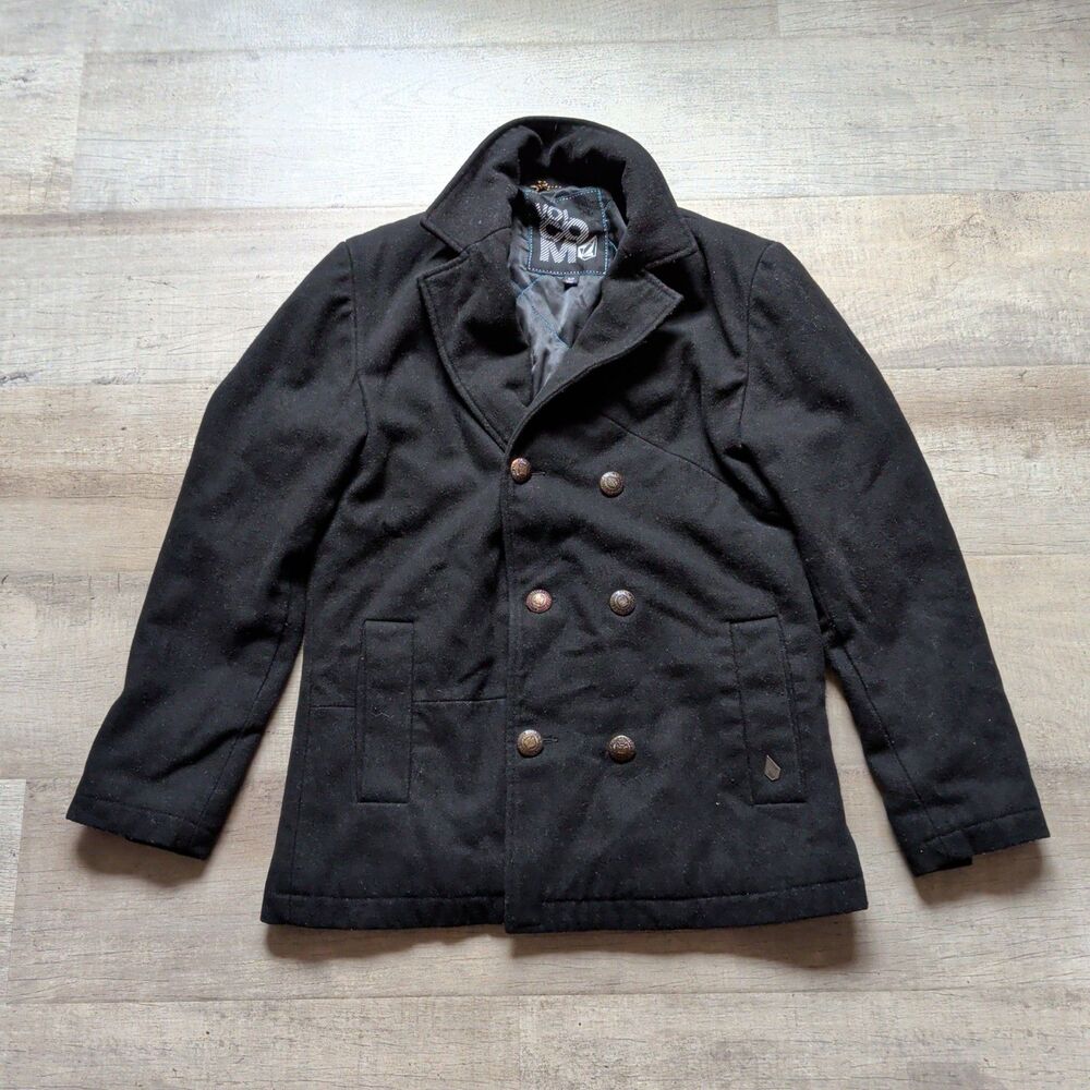 Y2K Vintage VOLCOM Peacoat, Black Wool Blend Double Breasted Mens Jacket Size S